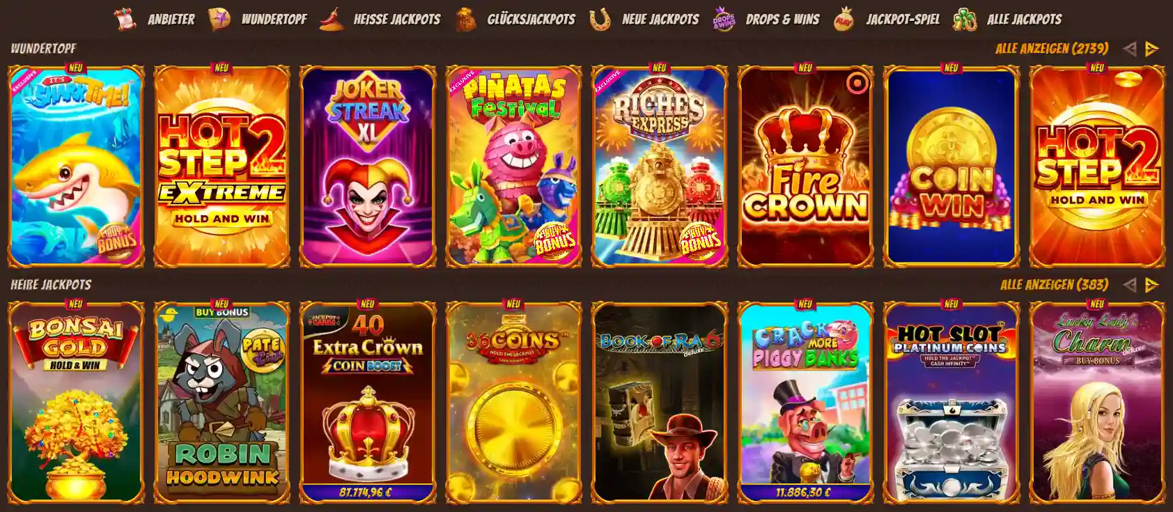 Jackpot-Spiele bei AlaWin Casino mit WunderPot und Drops and Wins