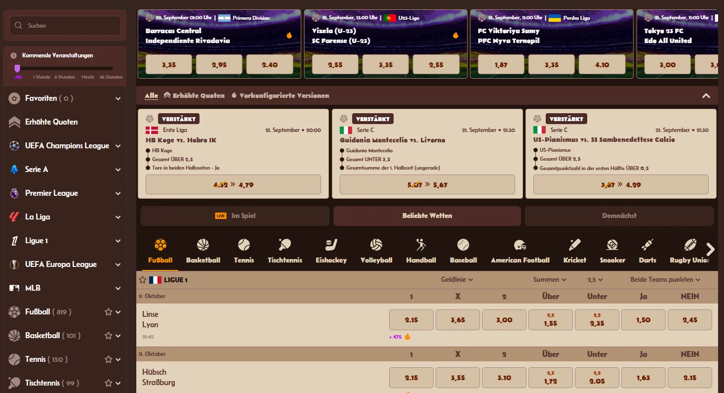 Sportwetten bei AlaWin Casino mit verschiedenen Sportarten und Wettmärkten